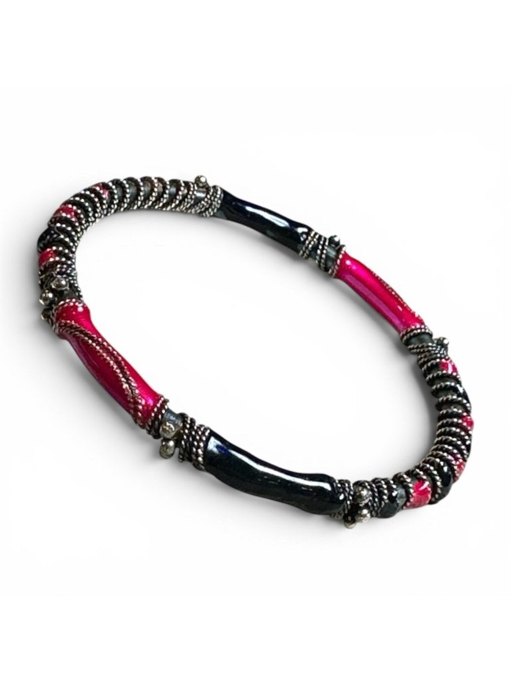 Vintage Bangle Bracelet Bright Pink Navy Metallic Enamel & Beaded Accents
